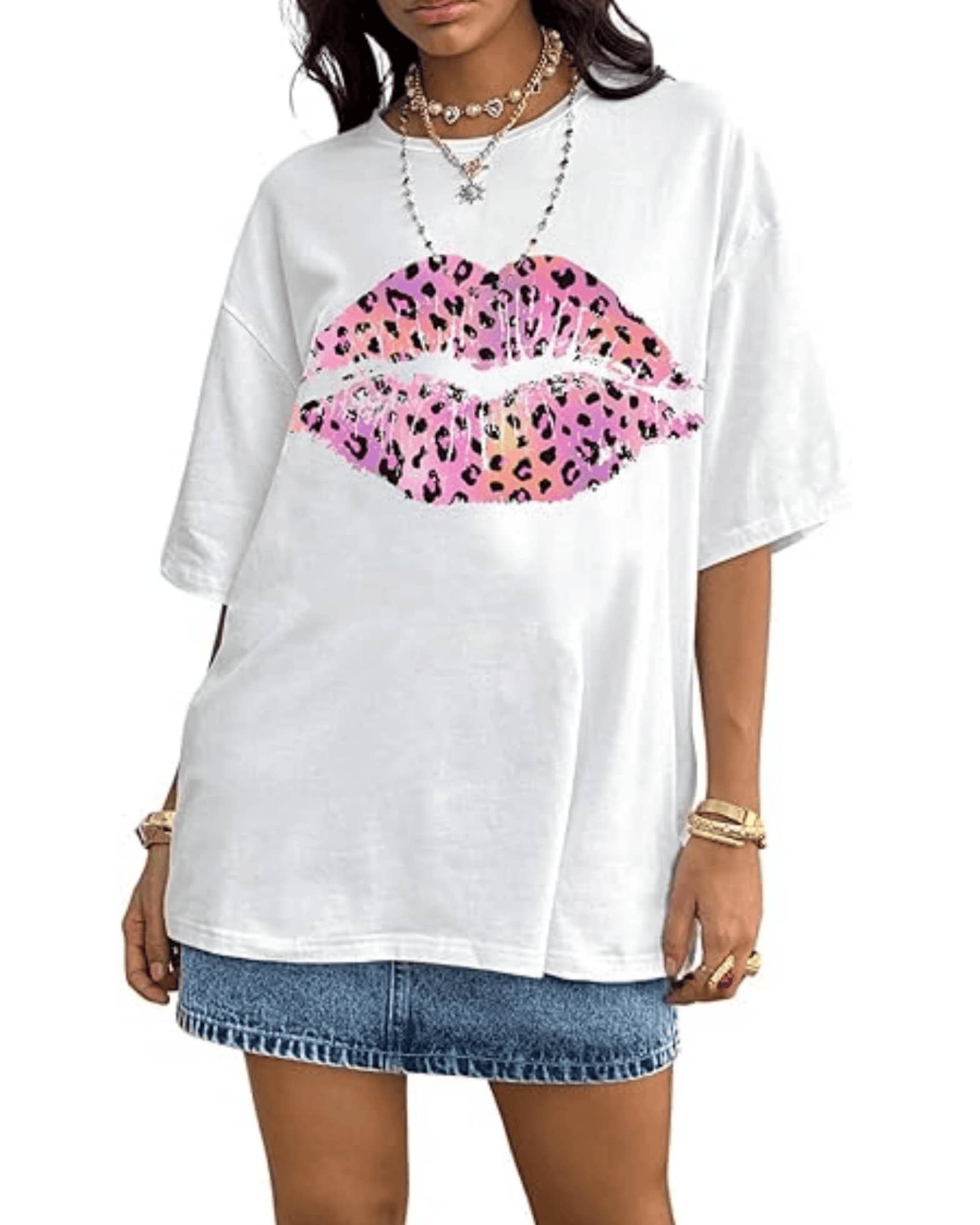 Labios rosados con estampado de leopardo que reflejan audacia y feminidad moderna camiseta de mujer casual cómoda y atractiva - Blanco - Ver 1