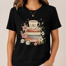 Playera mujer libros y flores, camiseta estampada de manga corta, blusa casual de algodón, cuello redondo para lectoras, escuela y uso diario - Negro - Ver 1