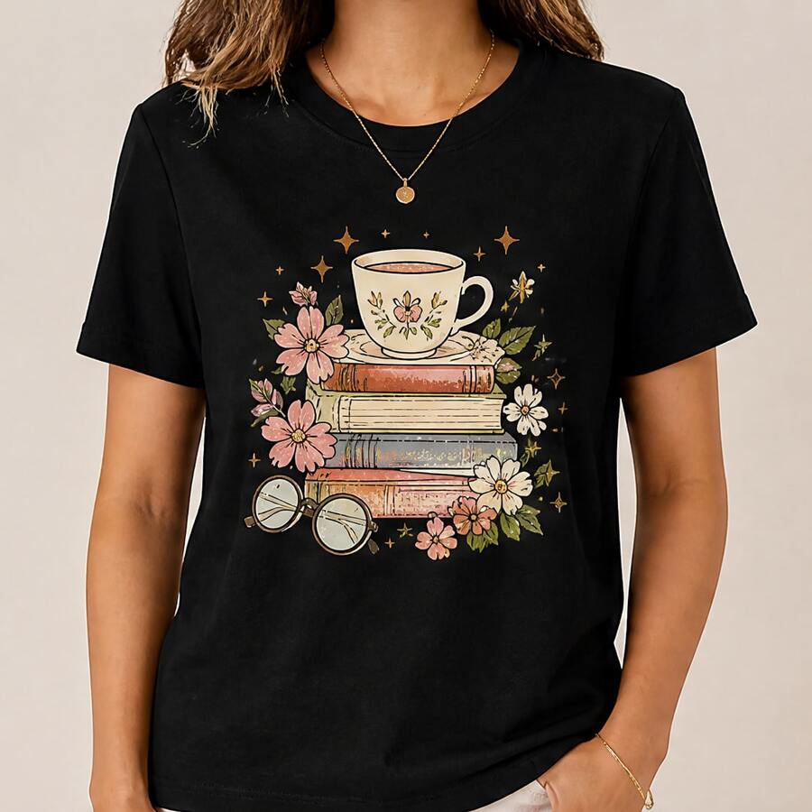 Playera mujer libros y flores, camiseta estampada de manga corta, blusa casual de algodón, cuello redondo para lectoras, escuela y uso diario - Negro - Ver 1