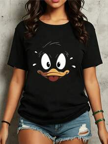 Figura de pato expresivo con ojos grandes transmitiendo sorpresa y diversión camiseta de mujer casual moderna para uso diario cómoda y atractiva - Negro - Ver 8