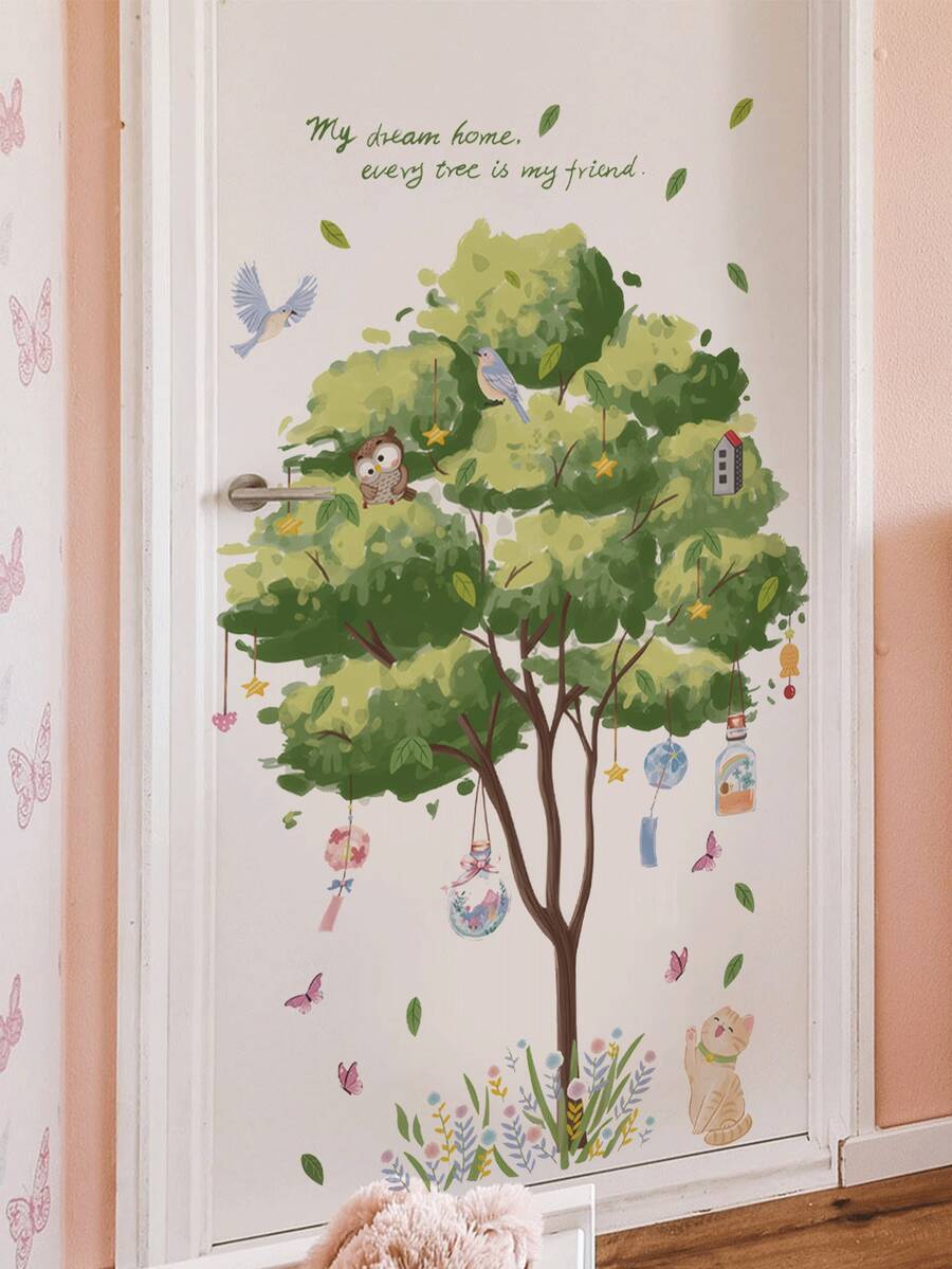 mama look 1pc, Multi-Size, Animal Forest, Wishing Bottle On Tree, Pine Tree, Brown Bear, Small Animals On Big Tree, Cute Little Deer, PVC Self-Adhesive Removable Wall Sticker, Suitable For Bedroom, Living Room, Study, Dining Room, Bathroom, Home Wall Decor, Room Decor, Etc. - Multiple Styles - View 1