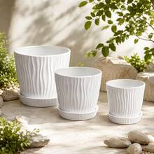 3pcs Simple White Wave Pattern Plastic Flowerpot With Tray Large Medium Small Set Household Living Room Balcony Green Plant Pot Blue Snowflake Lily Bell Orchid Planting Pot Outdoor Garden Ins Style Decorative Flowerpot - Flowerpot - View 6