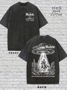 UFO Kidnapping Denim, Printed With "Modelo 1925" And "OUT OF THIS WORLD", 2026-100% Cotton Washed T-Shirt, Vintage Beer Men's T-Shirt, Women's Top - 黑色 - 查看 18