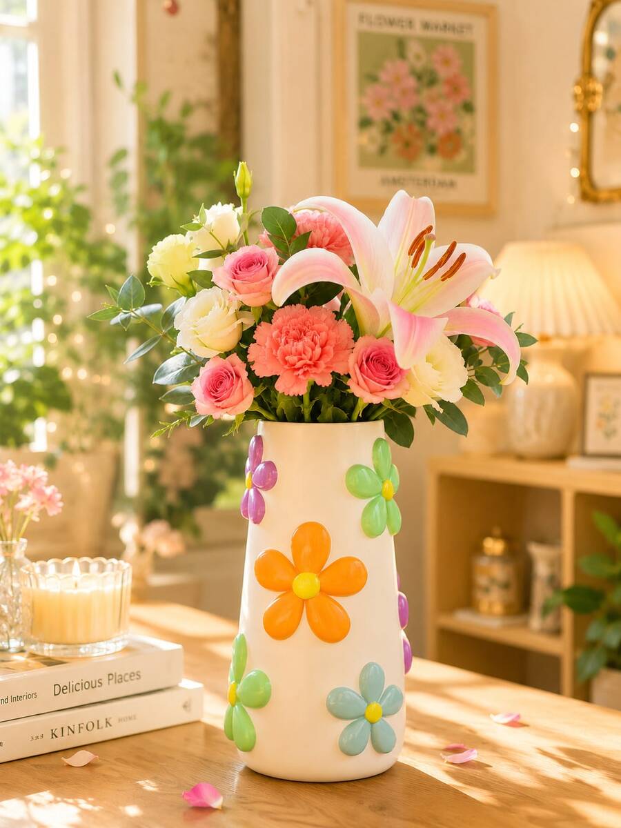馬卡龍色花卉花瓶,裝飾彩色花朵,獨特風格花瓶,鮮豔裝飾花瓶,可愛房間裝飾美學 - 1PC - 查看 1