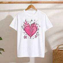Playera mujer estampado corazón con rayo rosa, camiseta femenina manga corta, blusa casual juvenil, cuello redondo, cómoda para salida y concierto - Blanco - Ver 4