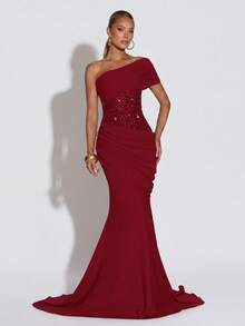 Shiny Patchwork Elegant Party Ruffle Asymmetrical Shoulder Dress, Suitable For Evening Date, Formal Dinner - Red - View 2