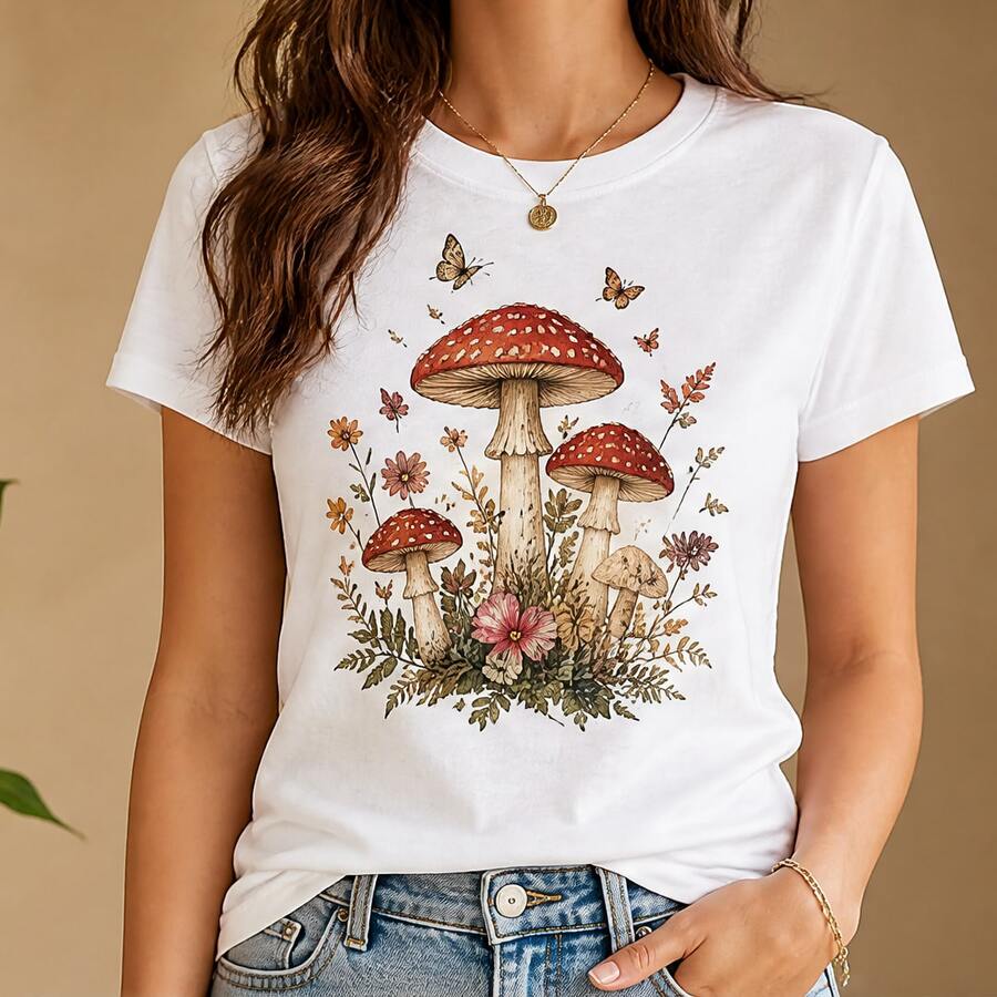 Camiseta para mujer estampada con hongos y flores, playera manga corta casual, cuello redondo, cómoda para paseo, campo y verano - Blanco - Ver 1