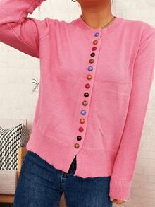 Plus Size Women's Solid Color Single-Breasted Casual Versatile Everyday Cardigan - Hot Pink - View 3