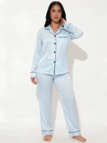 Snug League 2pcs/Set Women Blue Striped Long Sleeve Pajama Set - Blue - View 4