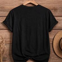 Women's T-Shirt With Floral Horse Print, Short Sleeve T-Shirt, Casual Round Neck Blouse, Soft Cotton For Everyday Wear, Ranch And Walking - 黑色 - 查看 5