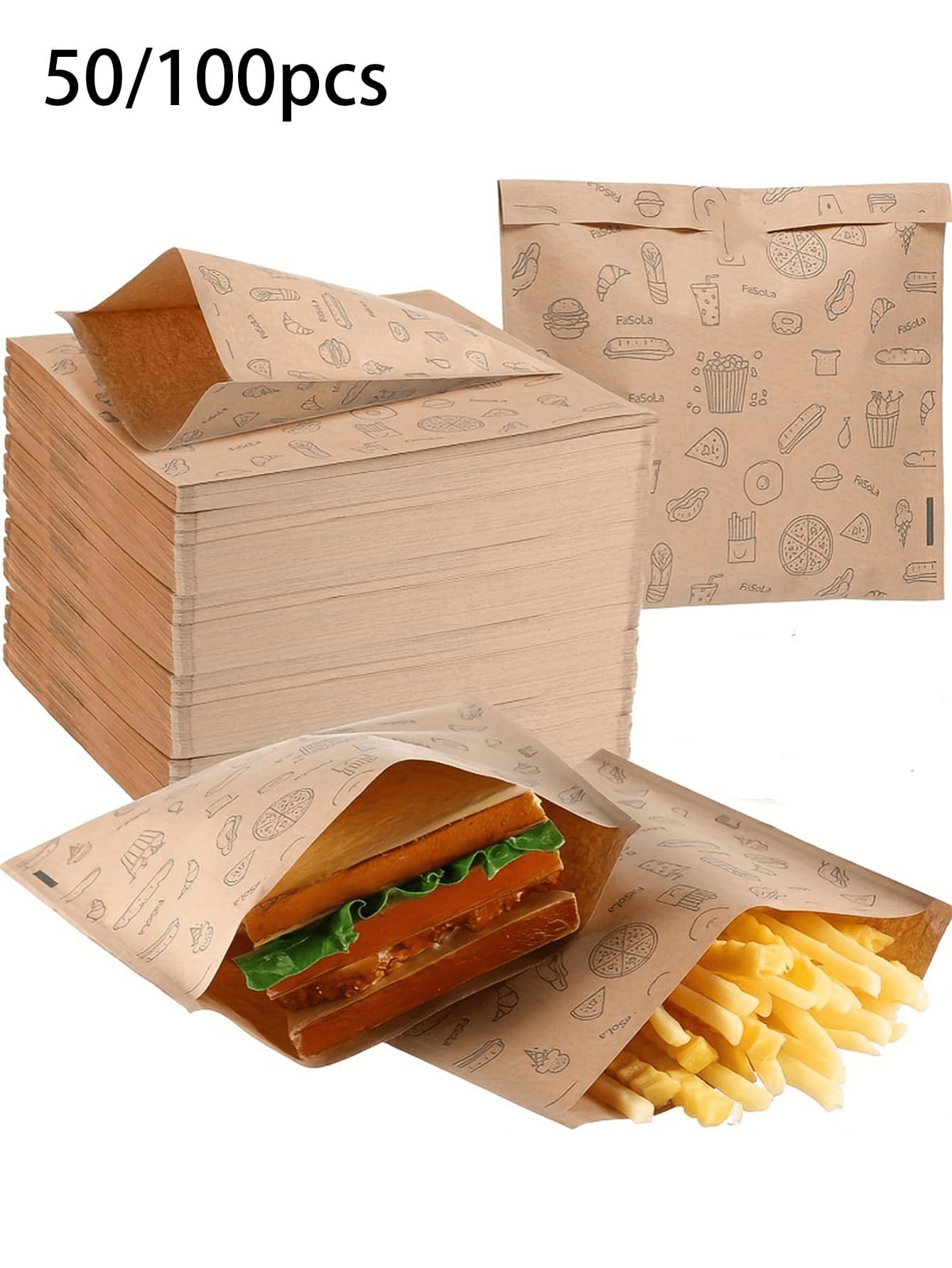 50/100个牛皮纸三明治袋,防油一次性食品袋,适用于汉堡、甜点、炸鸡等 | 防漏零食包装,适用于派对、餐饮、餐车 | 婚礼、生日 | 返校季 - 彩色 - 查看 1