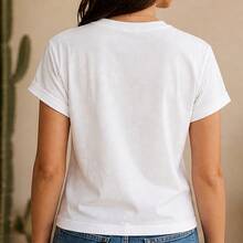 Camiseta mujer manga corta estilo vaquera floral, playera casual para dama, blusa juvenil verano cuello redondo, top cómodo estampado diario - Blanco - Ver 3