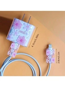 Pink TPU Small Heart Print/Bow/Flower Graphic/Purple Heart Cat Charger Data Cable Protector Sleeve Compatible With Apple 18/20W Charger, Suitable As A Gift For Friends - Pink - View 5