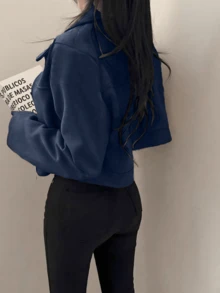 Chaqueta con cremallera de ante sintético con cuello, adecuada para el uso escolar y casual en el aeropuerto, primavera y otoño - Verde - Ver 8