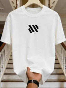 Camicia casual estiva da uomo con collo rotondo morbido e maniche corte, stampa geometrica minimalista nera, abbigliamento casual. Bianco - Bianco - Visualizzare 5