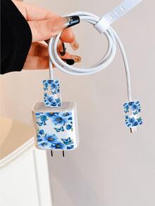 甜美蝴蝶與花卉印花極簡風蘋果充電器保護套，相容 20W Phone 15 充電器、16 ProMax 手機數據線保護套，防彎折、防貓咬，適用於 13/14 Plus 數據線保護套、充電器保護套。聖誕禮物，送女友的禮物 - 無色 - 查看 2