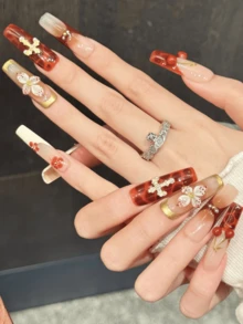 10PCS Coffin Handmade Press On Nails, Y2K,Sweet And Cool Black Powder, Cherry Flower Decoration,Suitable For Girls And Women Festivals Parties,Music Festival,Daily Wear,Valentine's Day Gift. - Mocha Brown - View 3