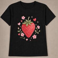 Playera para mujer con fresas, camiseta estampada manga corta, blusa casual cuello redondo, algodón suave para verano, picnic, paseo y diario - Negro - Ver 4