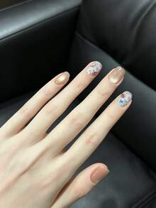10PCS Handmade Press On Nails, Short Square Nude Cat Eye Fake Nails With 3D Flower & Rhinestone Charms, Glitter Shimmer False Nails, Glossy Reusable Nails For Women - Multicolor - View 4