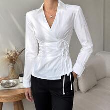 Fitted Collared Wrap Long Sleeve Side Tie Waist Solid White Blouse Casual Daily Top - White - View 1