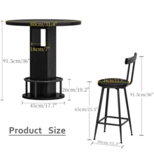 Conjunto de mesa e banquetas de bar com 3 peças: mesa redonda de 80 cm com duas banquetas, mesa de jantar de madeira com apoio para os pés em formato de anel de metal. Adequado para salas de jantar, cafés, bares, salas de estar, etc. Cor: Nogueira. - Preto - Ver 5