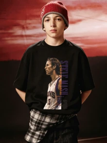 Men's Summer Casual Soft Round Neck Short Sleeve-Shirt,Basketball Print Graphic Casual Wear.White - Black - View 4