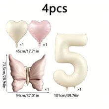 4pcs Cream Pink Butterfly Heart Number 1-9 Balloon Set, 40 Inch Large Foil Balloons, Suitable For Birthday Party Decoration, Baptism And Friends Gathering Backdrop Decor Supplies - Butterfly Heart Number - View 9
