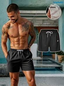 Men's Solid Black Swimming Trunks, Quick Dry Elastic Waist Beach Shorts With Mesh Lining - Black - View 2