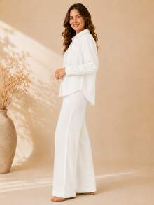 Women's Viscose Linen Set: Long-Sleeved Shirt With Buttons + Lined Wide-Leg Pants. Lightweight And Breathable Fabric. Elegant Casual Look For Work, Outings, And Everyday Wear. - 白色 - 查看 5