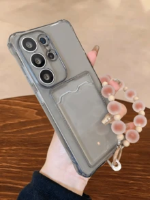 Candy Color Clear Phone Case With Beaded Hand Strap, Card Holder Protective Cover, Shockproof Bumper Compatible With Samsung S20-S25 Series, Note 14/13/12 Series, A56 5G - Grey - View 4