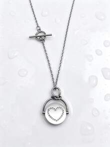 1pc Minimalist Ins Style Stainless Steel Gold Plated Rotating Rhinestone Inlaid Star & Heart Pendant Necklace, Men's Gift For Friends And Family On Holidays - Silver - View 9