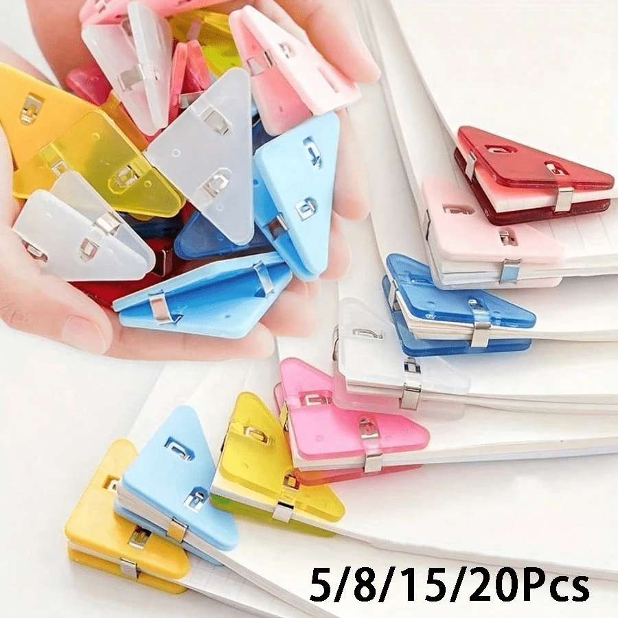 5/8/15/20Pcs Clips de esquina de triángulo rectángulo creativos, clips de papelería de oficina multifuncionales, clips anti-enrollamiento para hojas de examen, clips de esquina para documentos y notas, clips de almacenamiento de datos y boletos (Color aleatorio)