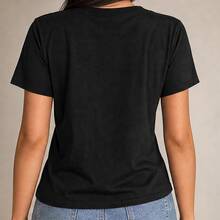 Playera para mujer con fresas, camiseta estampada manga corta, blusa casual cuello redondo, algodón suave para verano, picnic, paseo y diario - Negro - Ver 3