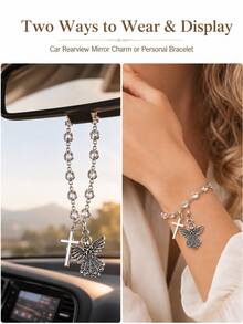 Car Steering Wheel Crystal Chain Hanging Ornament, Silver Angel And Cross Pendant Sparkling Rhinestone Car Interior Accessory - A - View 2