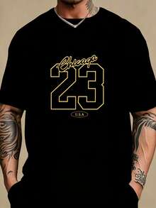 Men's Cotton T-Shirt, Personality Print, Casual Outgoing, Short Sleeve, Soft Breathable, For Basketball Fishing Outdoor Gift For Husband. - Black Top - View 2