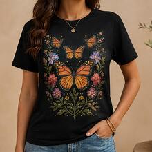 Playera mujer con mariposas y flores, camiseta estampada de algodón, manga corta, blusa casual cuello redondo para primavera, verano y uso diario - Negro - Ver 1