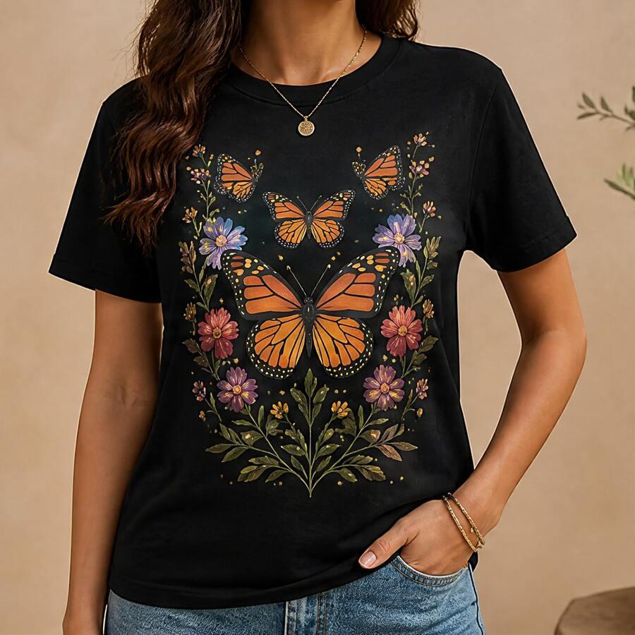 Playera mujer con mariposas y flores, camiseta estampada de algodón, manga corta, blusa casual cuello redondo para primavera, verano y uso diario - Negro - Ver 1