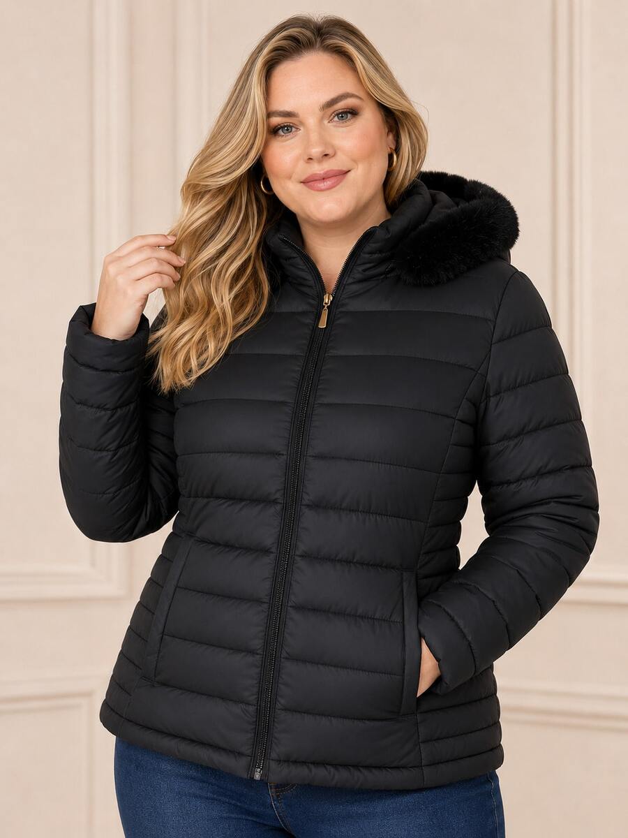 Women's Plus Size Puffer Jacket, Fleece Lined, Hood With Removable Fur, Cold Weather, Winter, Waterproof - 黑色 - 查看 1