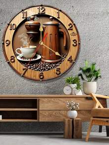 1pc 10/12 Inch Silent Round Coffee Maker And Grinder, Designed For 2D Flat Use, Comes With Scattered Coffee Beans, And Wall-Mounted Wooden Clock With Quartz Movement, Requires 1 AA Battery (Not Included) - Multicolor - View 1