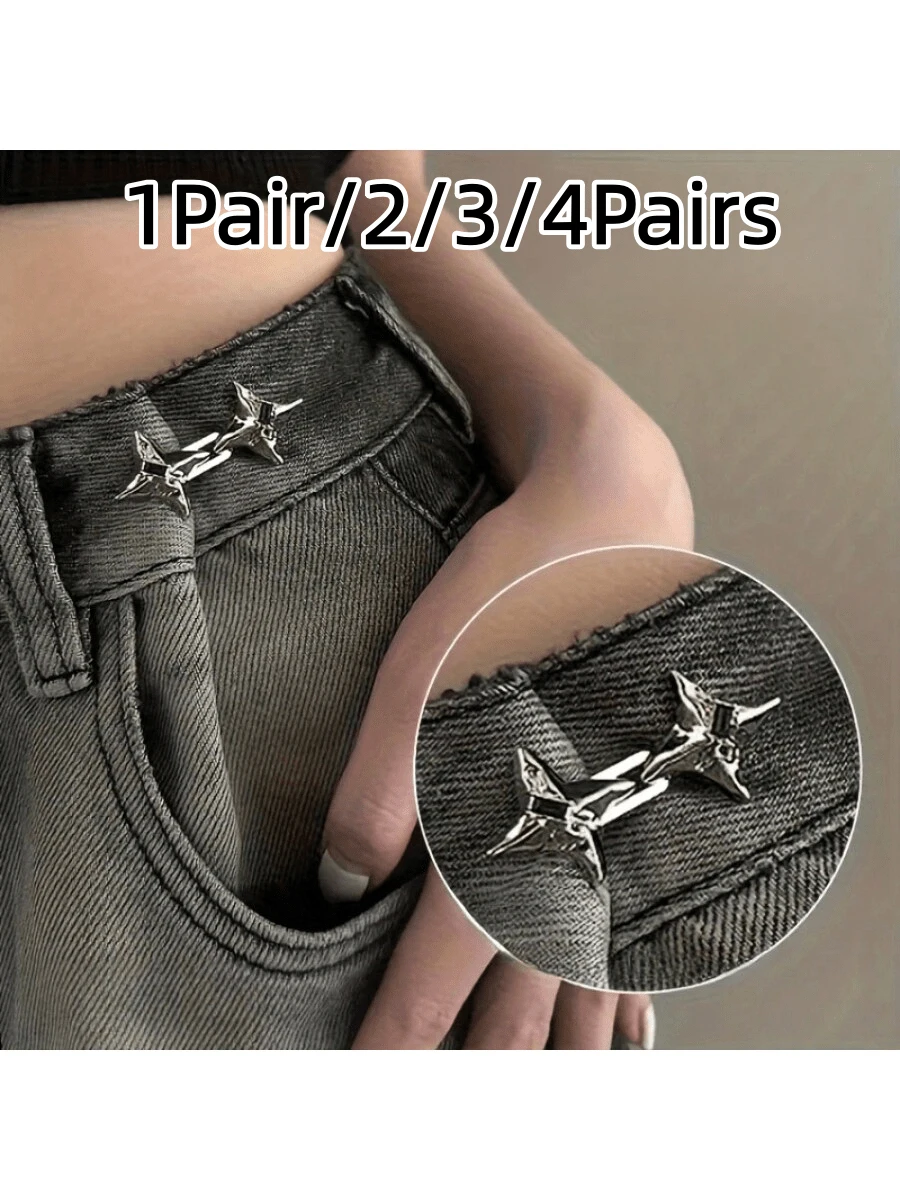 1Pair/2/3/4Pairs Adjustable Belt Clip, Seamless Jeans Tightener, Removable Star Rhinestone Denim Belt Buckle, Metal Belt Tightener, Suitable For Pants And Skirts - Silver/Black - Multicolor - View 1