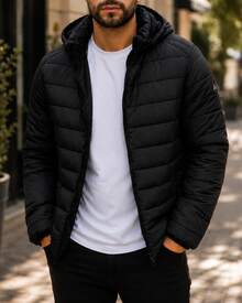 MEN'S BASIC CASUAL HPC POLO PUFFER JACKET WITH COMFORTABLE PLUSH HAT - Black - View 1