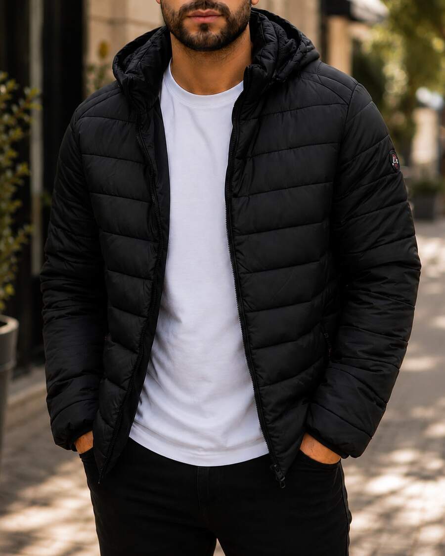 MEN'S BASIC CASUAL HPC POLO PUFFER JACKET WITH COMFORTABLE PLUSH HAT - Black - View 1