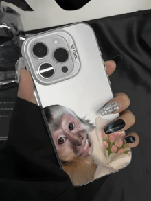 1個溫柔猴子持花束圖案設計 TPU 軟邊手機保護殼，相容於 iPhone13/15/14/13/12/11/16/Galaxy/ - 白色 - View 3