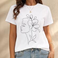 Women's T-Shirt With Linear Floral Face Print, Short-Sleeved Women's T-Shirt, Artistic Casual Blouse, Round Neck, Comfortable For Office And Everyday Wear - 白色 - 查看 1