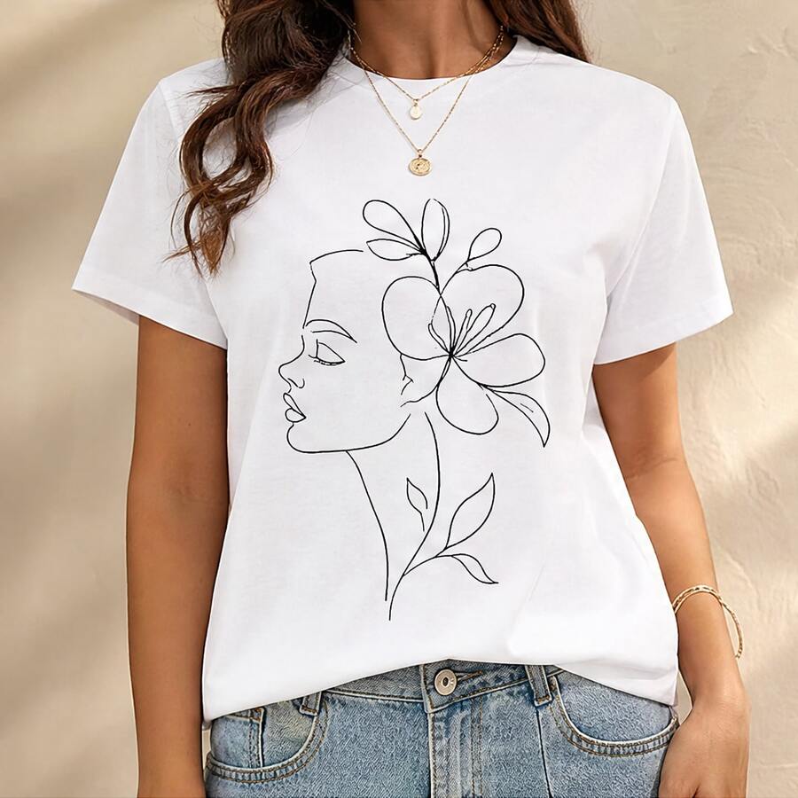 Women's T-Shirt With Linear Floral Face Print, Short-Sleeved Women's T-Shirt, Artistic Casual Blouse, Round Neck, Comfortable For Office And Everyday Wear - 白色 - 查看 1
