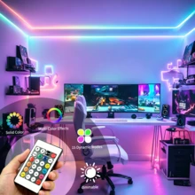 1入夢幻色RGB LED燈條，多色同步顯示，15種動態模式，24鍵紅外線遙控器，5V USB供電，自黏式燈條，適用於客廳照明、派對與展示架裝飾 - 24-Key 5050 Dream Color - 查看 5