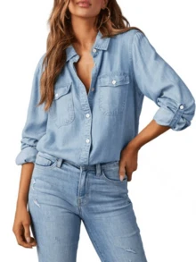 New Fashionable Casual Solid Color Washed Denim Shirt - Suitable For School, Vacation, Daily Wear, All Season Spring - Light Wash - View 5