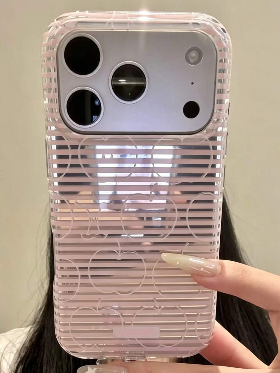 簡約可愛粉色條紋線條蘋果水果鏡面亮面手機殼,適用於 iPhone 17 Pro Max 17 Pro 17 16 Pro Max 16 Pro 16 15 Pro Max 15 Pro 15 14 Pro Max 14 Pro 14 13 Pro Max 13 Pro 13,夏季甜美風防震後蓋 - 粉紅色條紋蘋果 - 查看 1