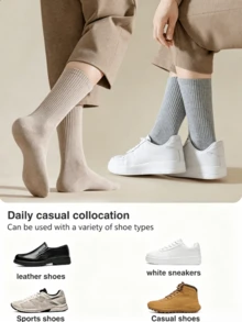 5 Pairs Men's White Mid-Calf Socks, Odor-Resistant, Sweat-Absorbent, Cotton, Skin-Friendly, Comfortable, Solid Color, Versatile, Business Black Long Socks, Spring Casual Student Sports Socks - Multicolor - View 2