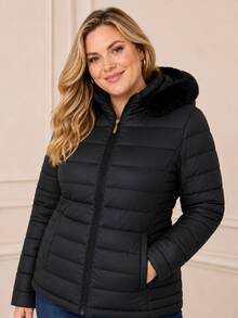 Women's Plus Size Puffer Jacket, Fleece Lined, Hood With Removable Fur, Cold Weather, Winter, Waterproof - 黑色 - 查看 2